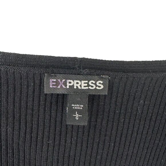 Express Sweater Cold Shoulder Black Ruffle Sleeves Ribbed V Neck Womens Size L - Picture 7 of 8